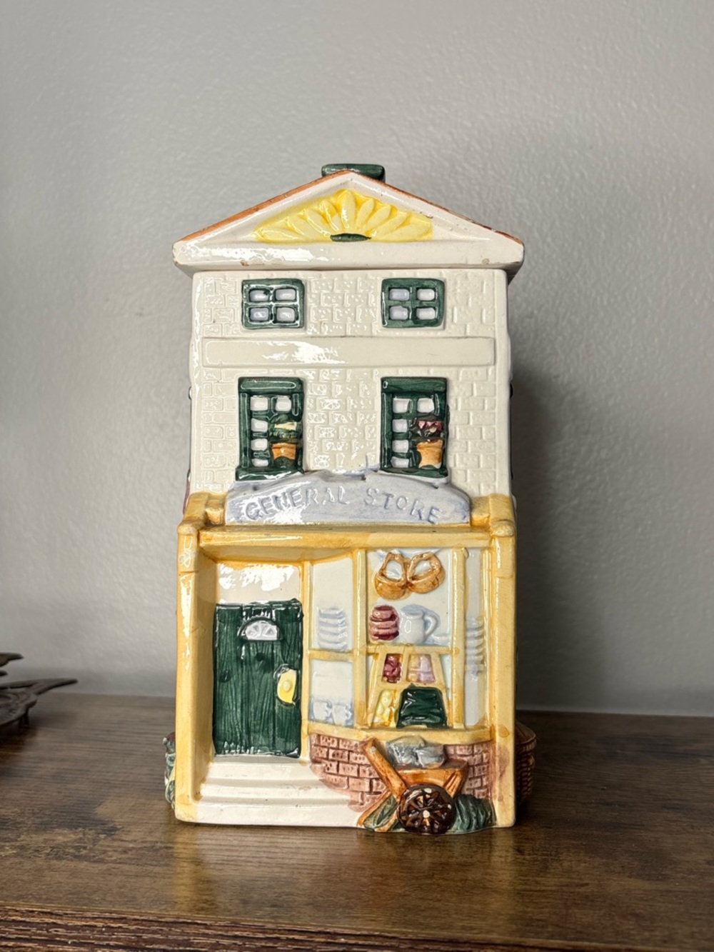 Ceramic Miniature General Store Cookie Jar- White, Yellow, Green